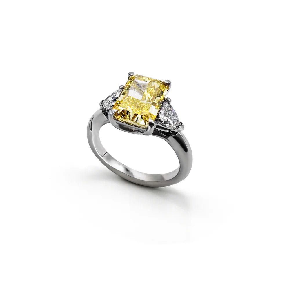 Anello Puro Platino - Solitario Quadrato Fancy Yellow & Diamanti